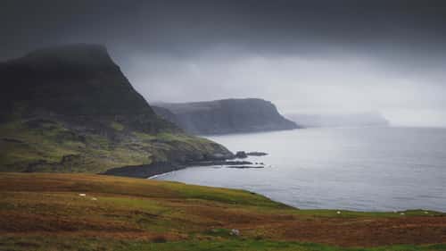 Misty condtions on the north west of Isle of Skye, looking from near Neist Point towards Hoe Rape, Highlands, Scotland, UK, September