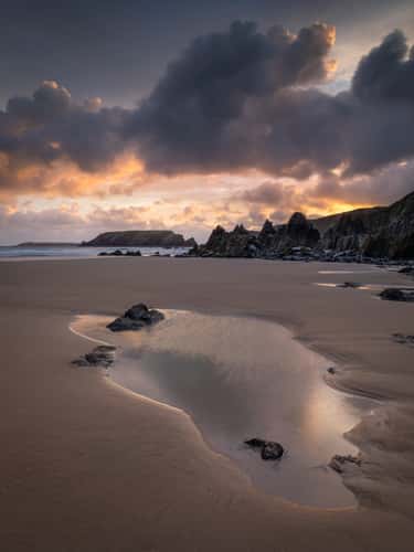 Sunset on Marloes Sands beach, Pembrokeshire, Wales, UK, August