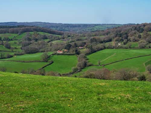 Dodpen Hill, Champernhayes Marsh and farmland, Dorset, England, UK, April