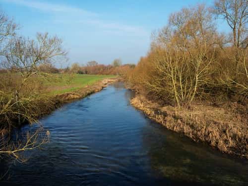 River Stour and farmland near Sturminster Marshall, Dorset, England, UK, February