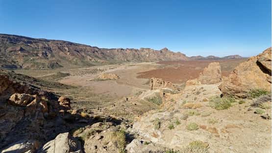 Las Canadas caldera and Cathedral Rock overview from Roques de Garcia, Teide National Park, Tenerife, Canary Islands, May 2023