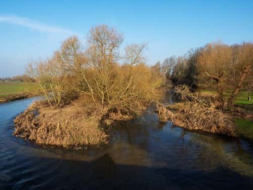 River Stour and farmland near Sturminster Marshall, Dorset, England, UK, February