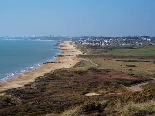 View from Hengistbury Head towards Southbourne with the town of Bournemouth beyond, Dorset, England, UK, March