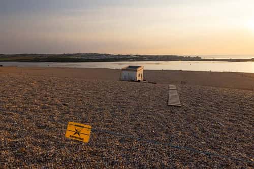 Landscape view of tern colony, Chesil Beach, Dorset, UK, June 2023