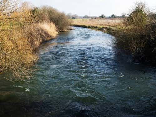 River Frome and farmland near Woodsford, Dorset, England, UK, February