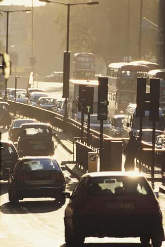 Road, Traffic, Jam, Smog, CO2 emissions, Environmental threat, Cars, Buses. London 2000